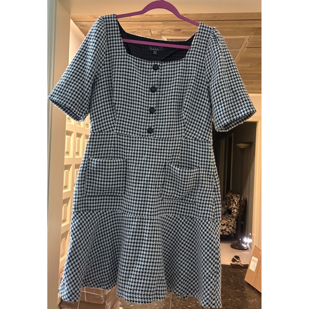 Nicole Miller Houndstooth Tweed Mini Dress Black White Square Neck Size 14